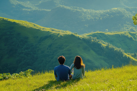 A couple sits together on a lush hillside, appreciating the breathtaking mountain view at sunset.の素材