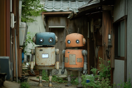 Two colorful robots stand side by side in a narrow alley, surrounded by rustic buildings and greenery.の写真素材