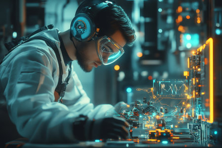 A technician is focused on assembling intricate electronics in a high-tech laboratory during nighttime operations.の写真素材