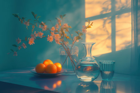 Soft morning light filters through a window, highlighting a vase with flowers, fresh oranges, and glassware.の写真素材