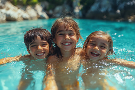 Three kids are happily splashing in a clear blue pool, enjoying their summer day in the sun.の写真素材