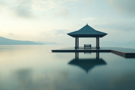 A peaceful pavilion stands over calm water, reflecting the soft morning light and surrounding mountains.の写真素材