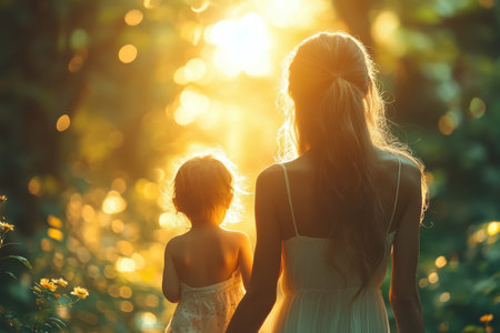 A mother and her young child stroll through a vibrant forest, bathed in warm evening sunlight.の写真素材