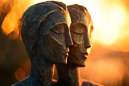Bronze sculptures of two faces show unity against a vibrant sunset at dusk, highlighting artistic craftsmanship.の写真素材