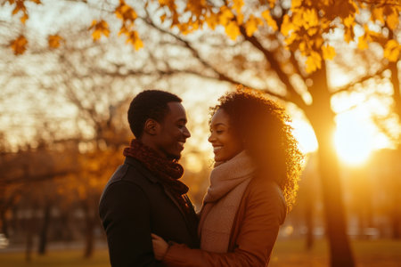 A couple embraces each other with smiles, surrounded by golden autumn leaves at sunset.の写真素材