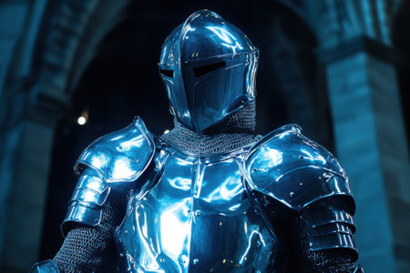 A knight dressed in polished armor poses inside a historic cathedral with striking blue lighting.の写真素材