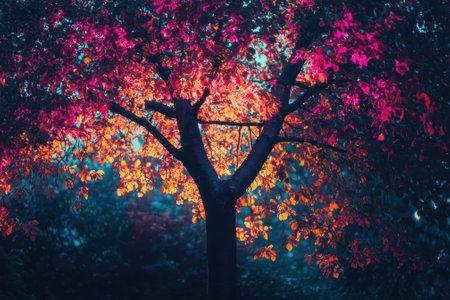 A tree stands prominently in a verdant area, illuminated by warm colors of changing leaves at dusk.の素材