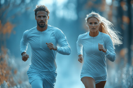 A man and a woman run side by side through a tranquil forest path during sunrise.の写真素材