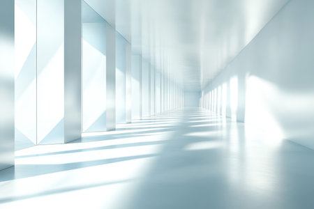 A spacious corridor featuring reflective surfaces and soft shadows under bright, even lighting.の写真素材