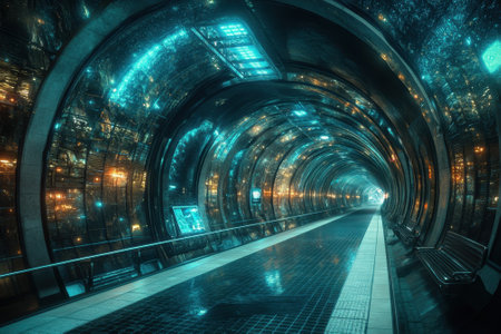 A long, illuminated tunnel features sleek architecture and vibrant blue and gold lights, creating a surreal atmosphere.の写真素材