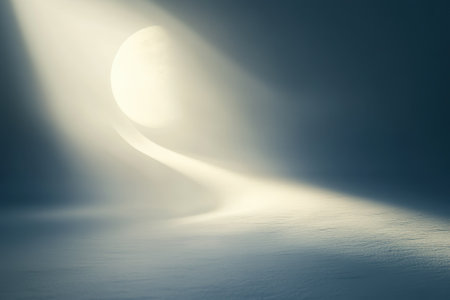 Soft light filters through darkness, revealing a curving path leading towards a bright moon in twilight.の写真素材