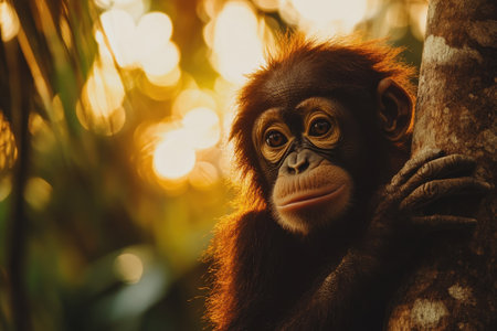 A young monkey rests on a tree trunk, observing its surroundings as the sun sets, casting warm light.の写真素材