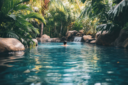 A person relaxes in a clear turquoise pool, surrounded by vibrant tropical plants and a gentle waterfall.の写真素材