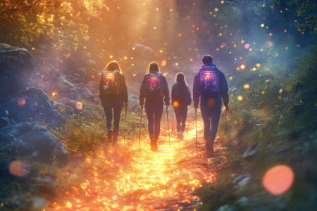 Five hikers trek along a serene path, surrounded by mist and glowing light at sunset, creating a magical atmosphere.の写真素材