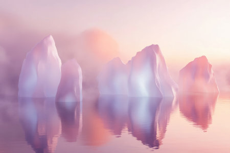 Soft pastel colors fill the sky as icebergs emerge from tranquil waters during a peaceful Arctic dawn.の写真素材
