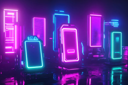 Glowing screens in vibrant neon colors stood in a dark space, creating a futuristic and surreal atmosphere.の写真素材