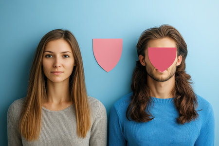 Two individuals stand against a blue wall, each partially obscured by abstract shield shapes in front of their faces.の写真素材