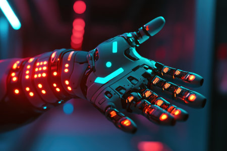 A robotic hand extends with glowing lights, representing cutting-edge technology in a modern setting.の写真素材