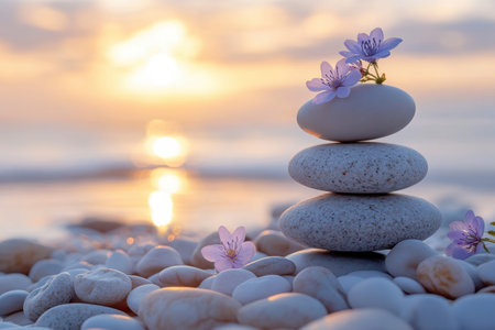 A calm beach setting features stacked stones decorated with delicate flowers during a stunning sunset.の写真素材