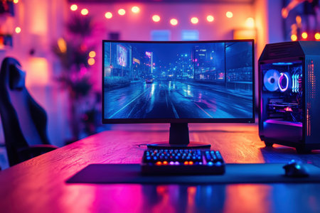 The gaming workspace showcases a sleek curved monitor with a neon city view, surrounded by ambient lighting.の写真素材