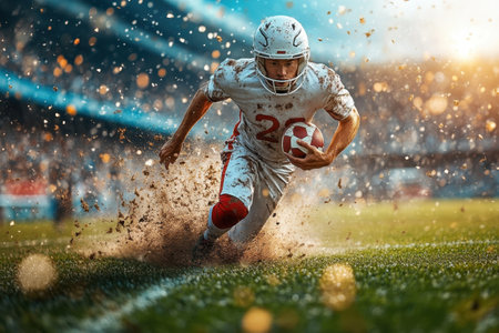 A young athlete runs with a football, splashing mud as the sun sets behind a lively stadium crowd.の写真素材