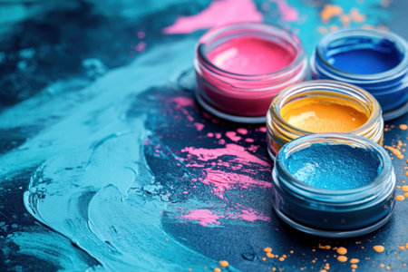 Colorful pots of paint sit on a textured surface with blended hues, ready for creative artistic expression.の写真素材