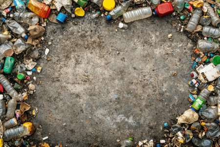 Plastic bottles, wrappers, and various debris clutter a neglected ground space in an urban environment.の写真素材
