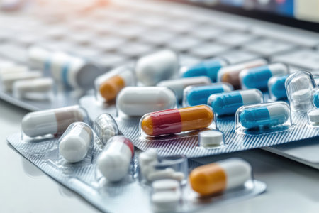 Various colorful capsules and pills are spread across a computer keyboard, illuminated by afternoon sunlight.の写真素材