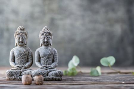 Two serene Buddha sculptures sit calmly on a rustic wooden surface with green leaves nearby.の写真素材