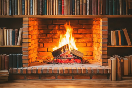 A warm fire crackles in a brick fireplace, casting a cozy glow over nearby bookshelves filled with books.の写真素材