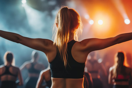 A group of individuals takes part in a lively fitness class, surrounded by colorful lights and a motivating atmosphere.の写真素材