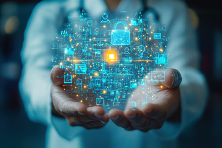 A healthcare worker holds glowing digital symbols representing health tech, emphasizing innovation in medicine.の写真素材