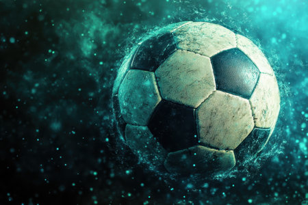 A soccer ball appears to be moving rapidly through a vibrant, blurred background filled with colors.の写真素材