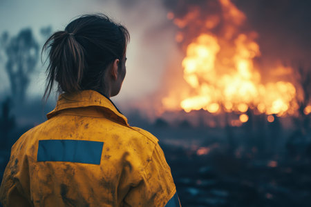 A firefighter watches as a massive wildfire burns trees and brush at dusk, creating a dramatic scene.の写真素材