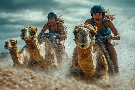 Two women ride camels in a thrilling race across the sandy desert, enjoying the excitement and adventure.の写真素材