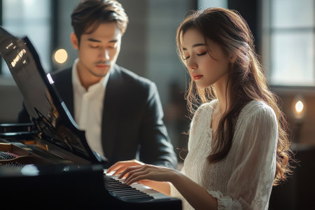 A man and woman play a piano duet, creating a beautiful musical atmosphere in a soft-lit studio.の写真素材