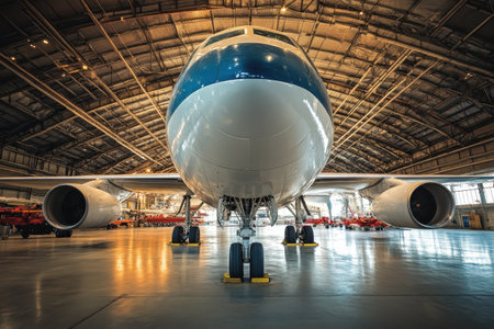 A large aircraft stands stationary in a hangar, illuminated by soft afternoon light, highlighting its features.の写真素材
