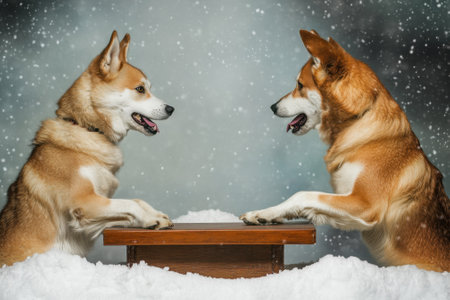 Two friendly dogs engage playfully at a table surrounded by snow, enjoying a winter day filled with joy.の写真素材