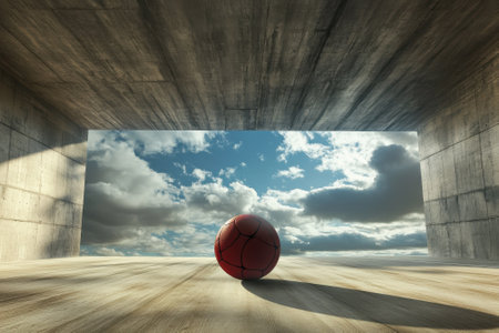 A basketball lies on a wooden floor under an expansive sky with clouds, surrounded by concrete walls.の写真素材