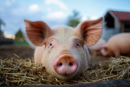 A pig lies comfortably on a bed of straw, enjoying the warm sun in a tranquil farm setting.の写真素材