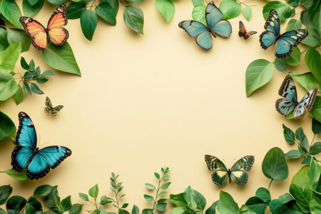 A variety of butterflies positioned among lush green leaves against a soft yellow backdrop.の写真素材