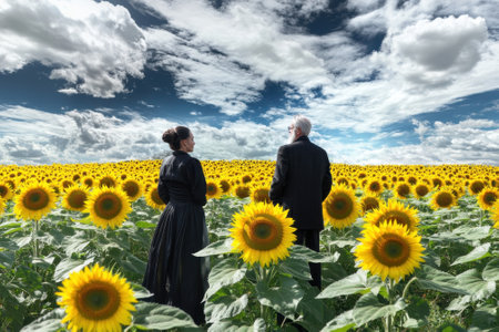 Two people stand among tall sunflowers, gazing at the vibrant blooms and passing clouds on a sunny day.の写真素材
