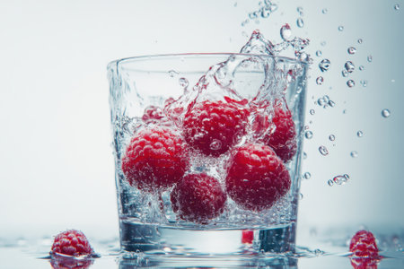 Fresh raspberries tumble into water, creating a lively splash and showing vibrant red colors.の写真素材