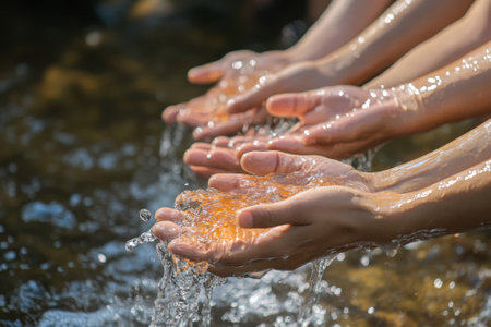 People joyfully gather by a stream, cupping their hands to catch sparkling water on a sunny day.の素材