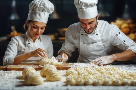 Two bakers create delicate pastries at a busy bakery, showing their skill and teamwork.の写真素材