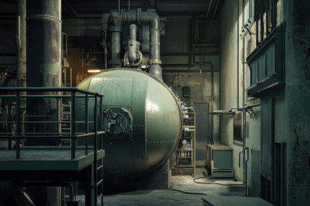 Large industrial equipment stands in a shadowy factory, illuminated by faint artificial light.の写真素材