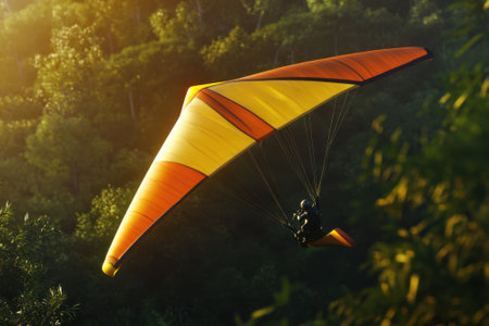 A hang glider gracefully flies above vibrant green hills, enjoying the stunning sunset light.の写真素材