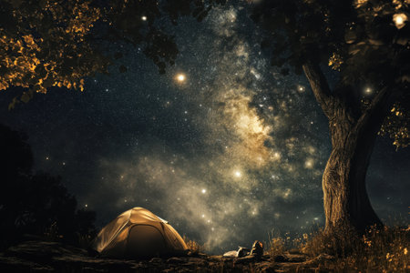 A couple relaxes outside their tent, marveling at a breathtaking starry sky filled with galaxies.の写真素材