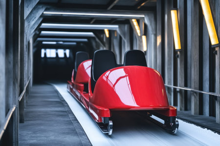 A sleek red bobsled sits on the track in a dimly lit indoor facility, ready for action.の写真素材