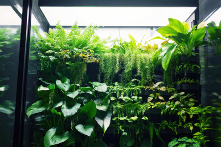 A vibrant collection of various plants thrives in a vertical garden, emphasizing freshness and greenery.の写真素材